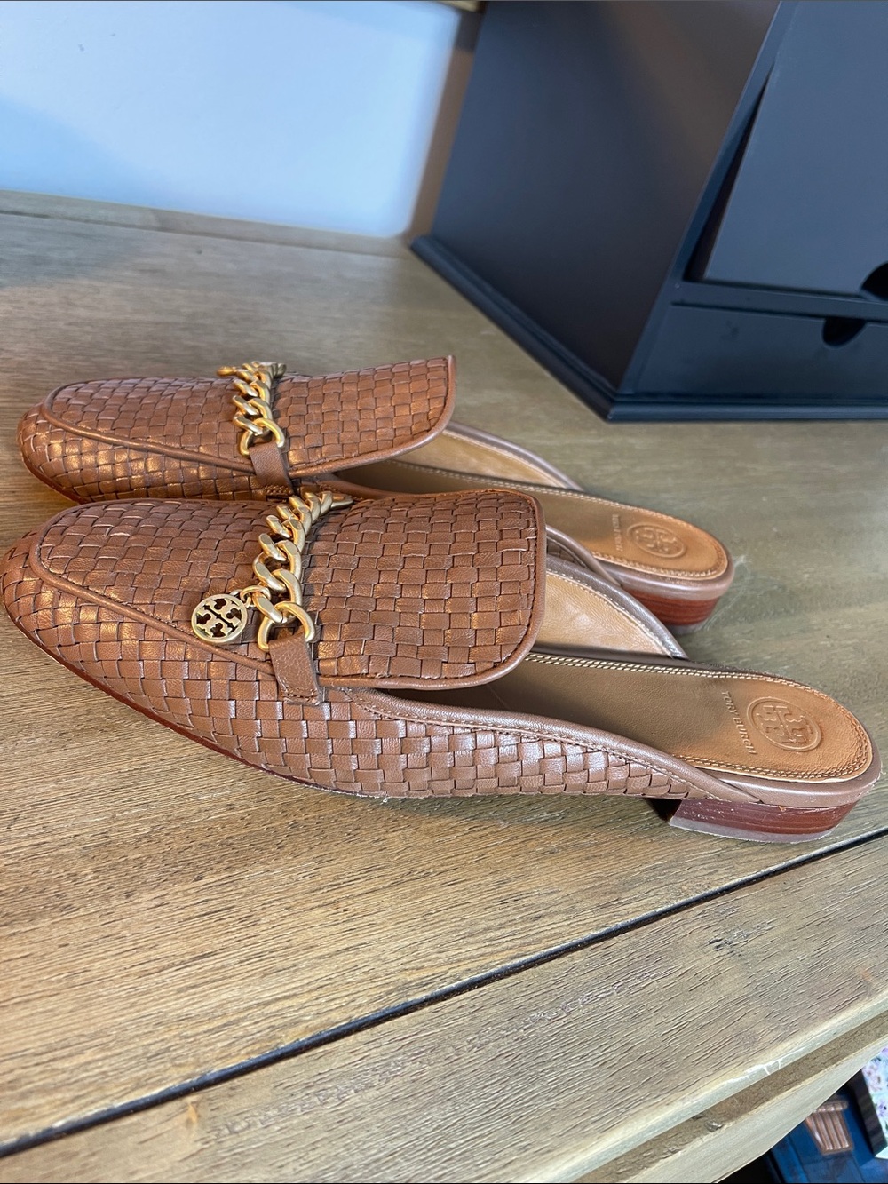 Tory Burch Tan Woven Leather Chain-Accent Mule Loafers